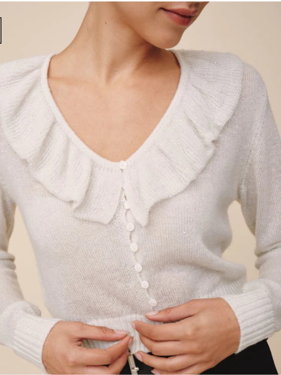 Bella Dahl V Neck Ruffle Cardigan Sweater - Icy White